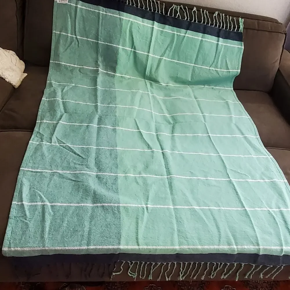 West Elm Multicolor Green Fringed 100% Cotton Throw Blanket Excellent condition
